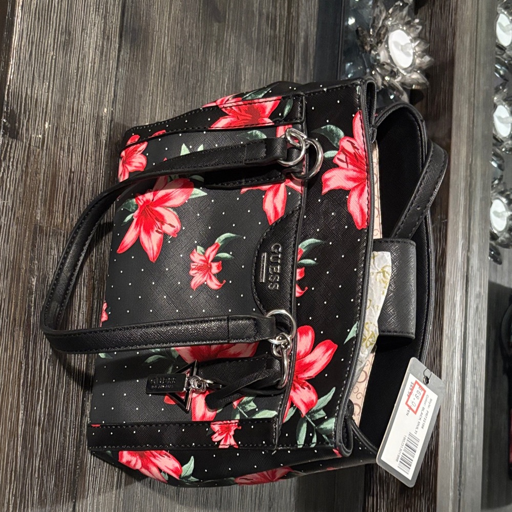 GUESS Black and Red Floral Shoulder Bag